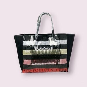 NEW Victorias Secret Shopping Tote Sequin Stripe Red Gold Silver on Black Canvas